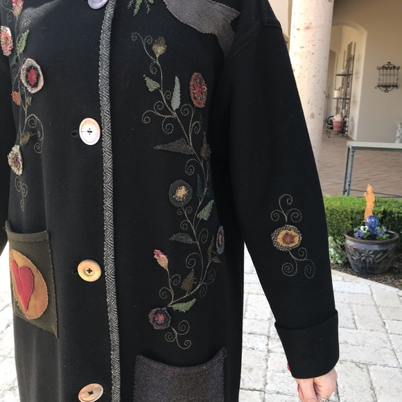 SOLD Custom Long Black Wool Coat with Flower, Bird, Heart Appliques Not sized - Picture 10 of 12